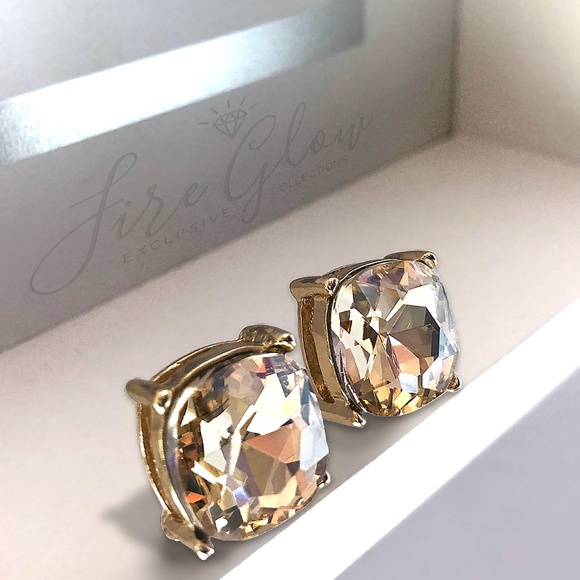 Glass Cushion Cut Champagne Post Earrings - Picture 7 of 10